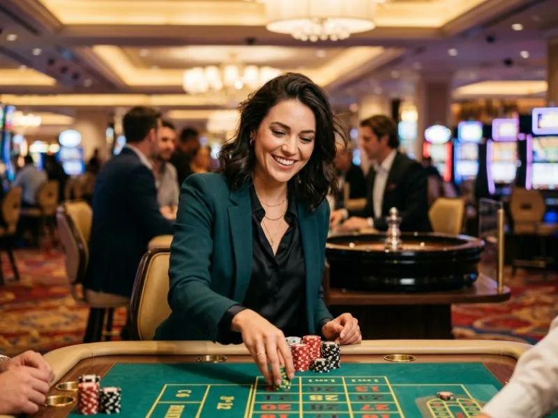 Woman surrounded by sparkling casino lights at BMY12 online casino login