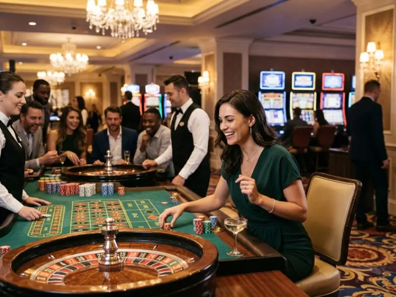 Beautiful woman smiling while holding casino chips at Jilimacao online casino