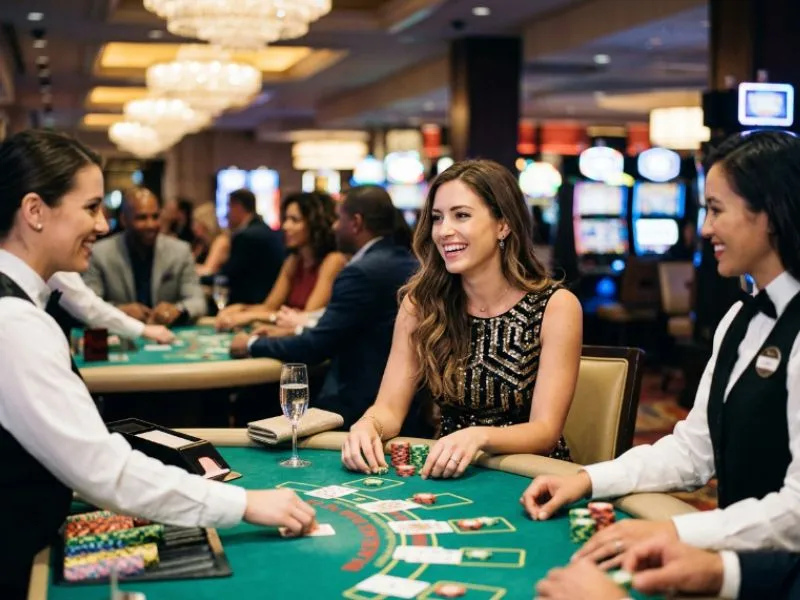 Woman sitting at a glamorous casino table at Jilimacao online casino