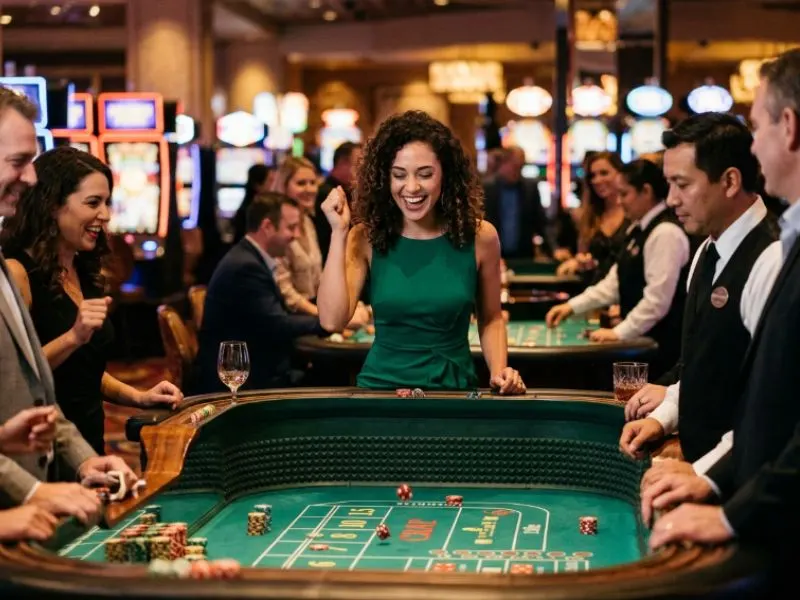 Confident woman laughing with friends at a casino table at JL29 online casino
