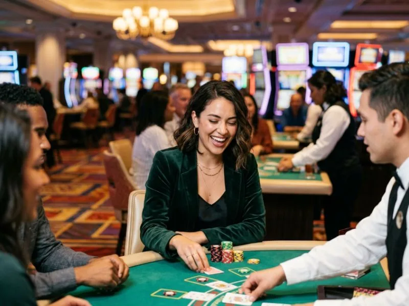 Woman holding winning cards at a casino table at JL29 online casino