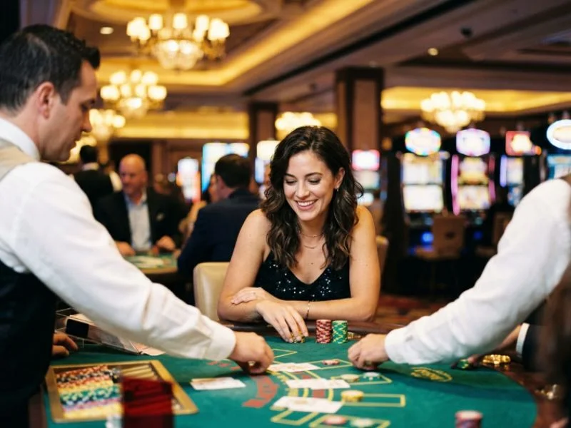 Woman watching the dealer at a blackjack table at JL29 online casino