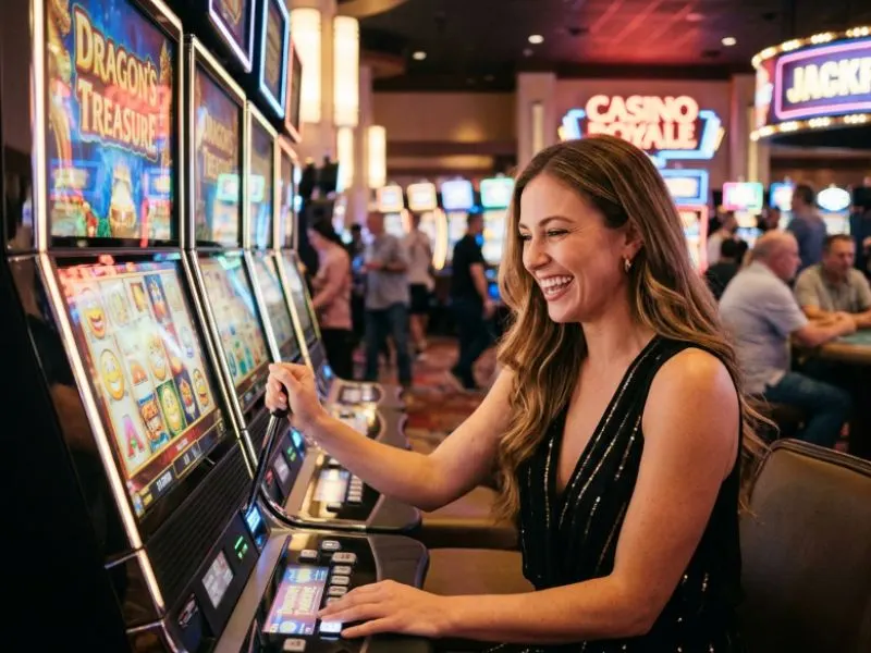 Woman celebrating a big slot machine win at MWPlay888 online casinos
