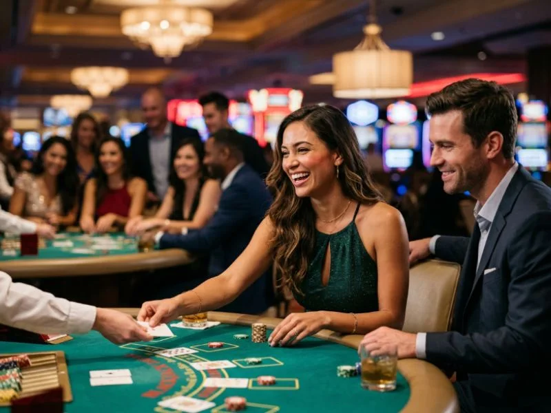 Woman cheering at a blackjack table at MWPlay888 online casinos