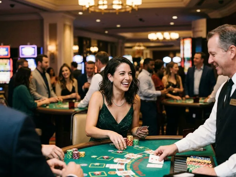 Woman enjoying a luxurious casino lounge at PCSO online casino