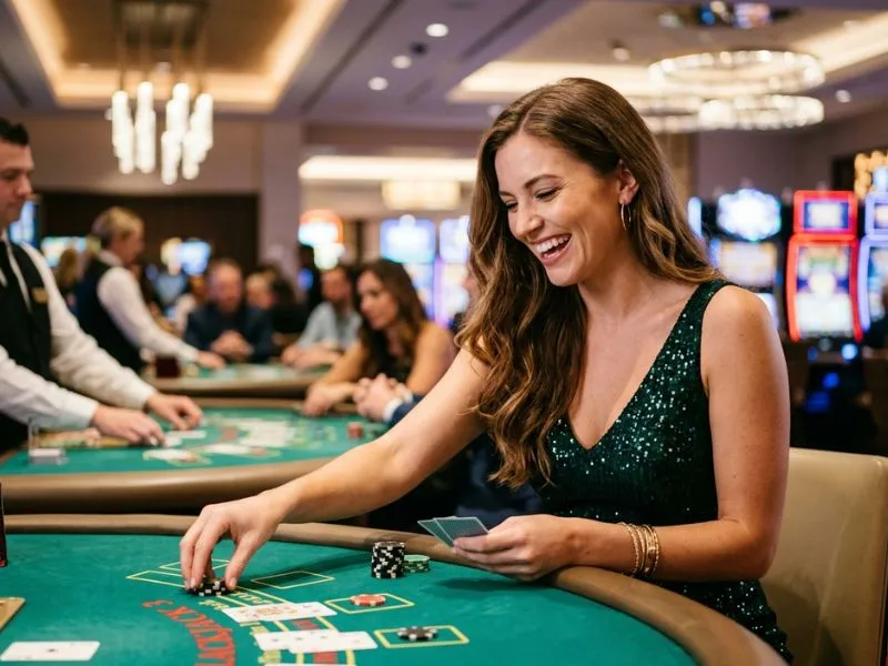 Woman smiling under glowing casino lights at PCSO online casino