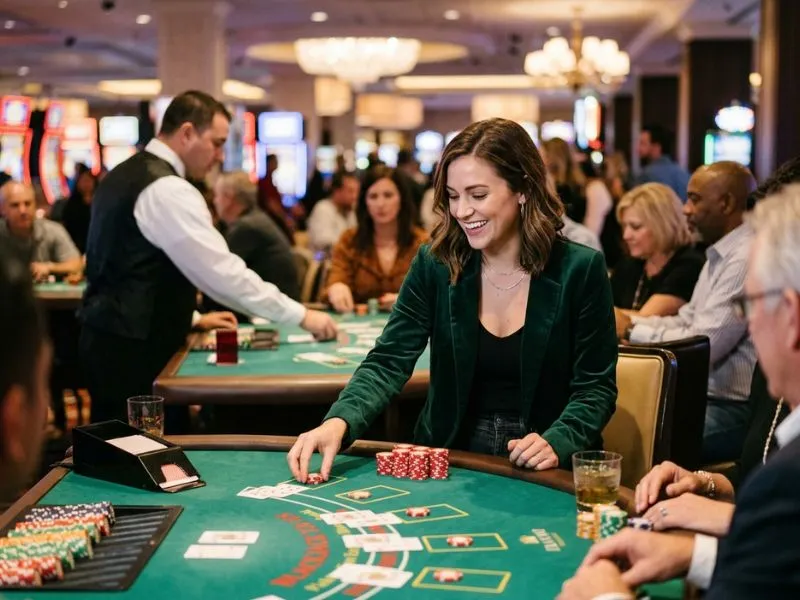 Woman smiling while placing casino chips at PCSO online casino