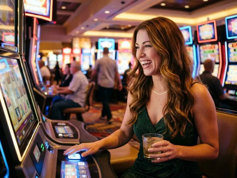 Woman celebrating a lucky slot machine spin at PH444 online casino