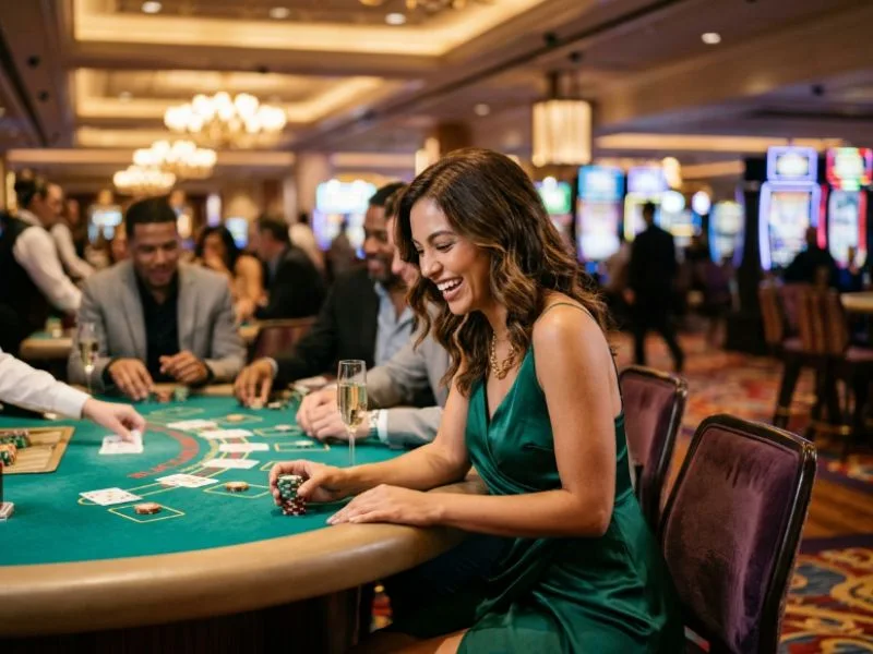 Woman enjoying a social casino evening at PH444 online casino