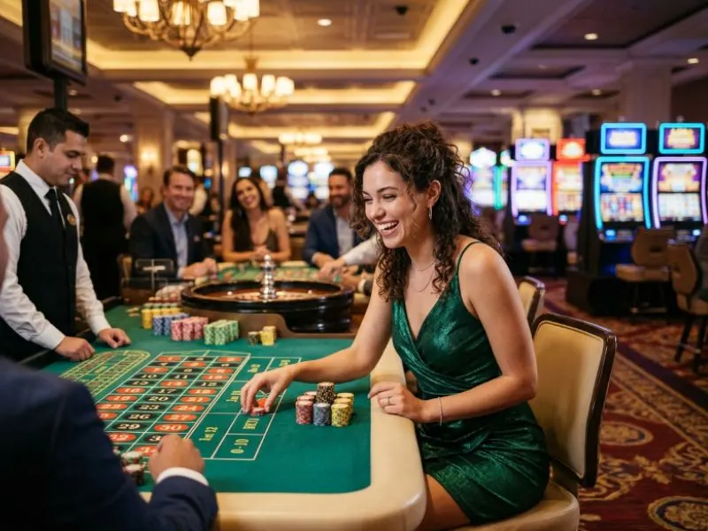 Happy woman collecting casino chips at PHL163 online casino
