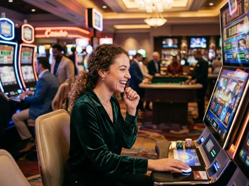 Woman enjoying a colorful slot machine at PHL163 online casino