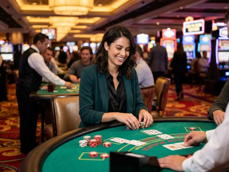 Woman smiling while placing casino chips at PHL163 online casino