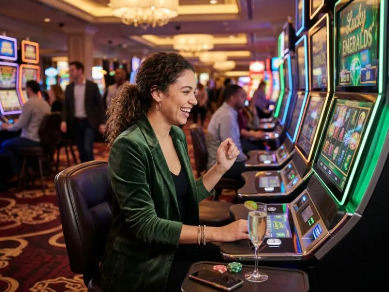 Woman enjoying bright slot machines at PHL63 online casino