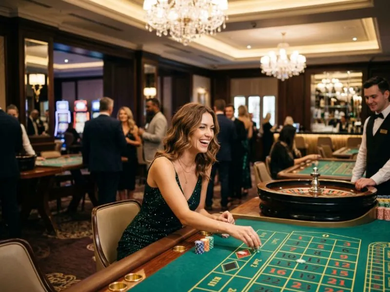 Woman sitting at a glamorous casino table at PHL63 online casino