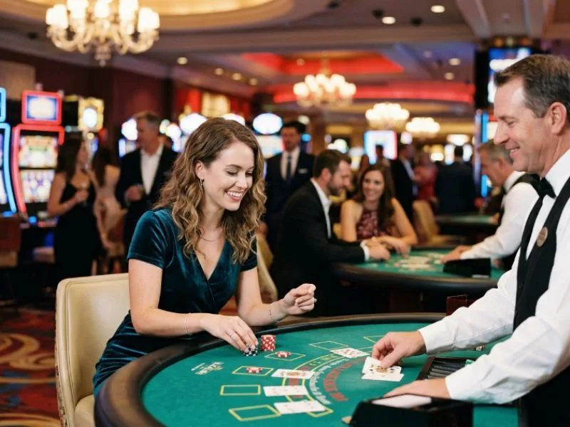 Elegant woman enjoying a casino night with pnxbet online casino