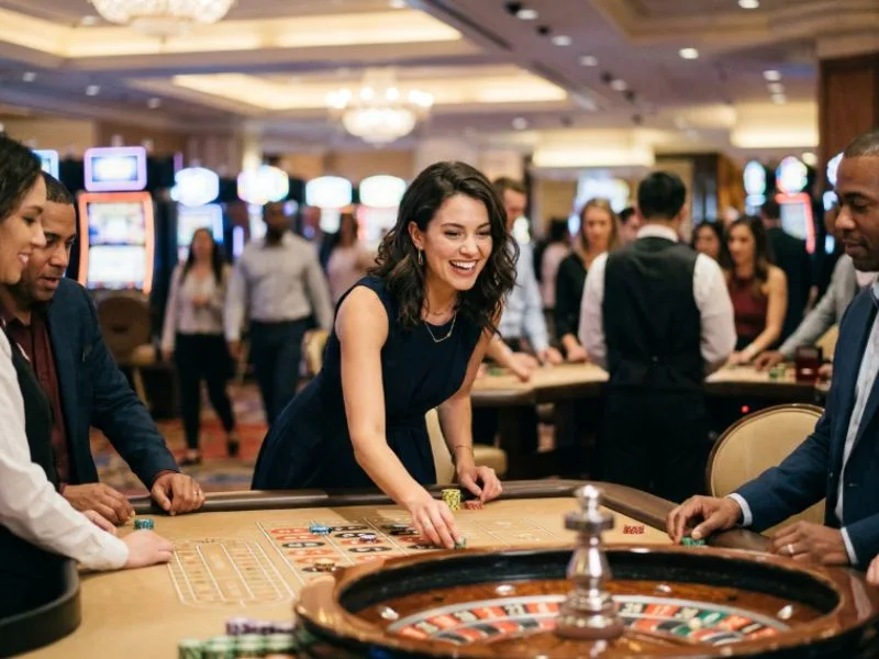 Woman celebrating at a roulette table with pnxbet online casino