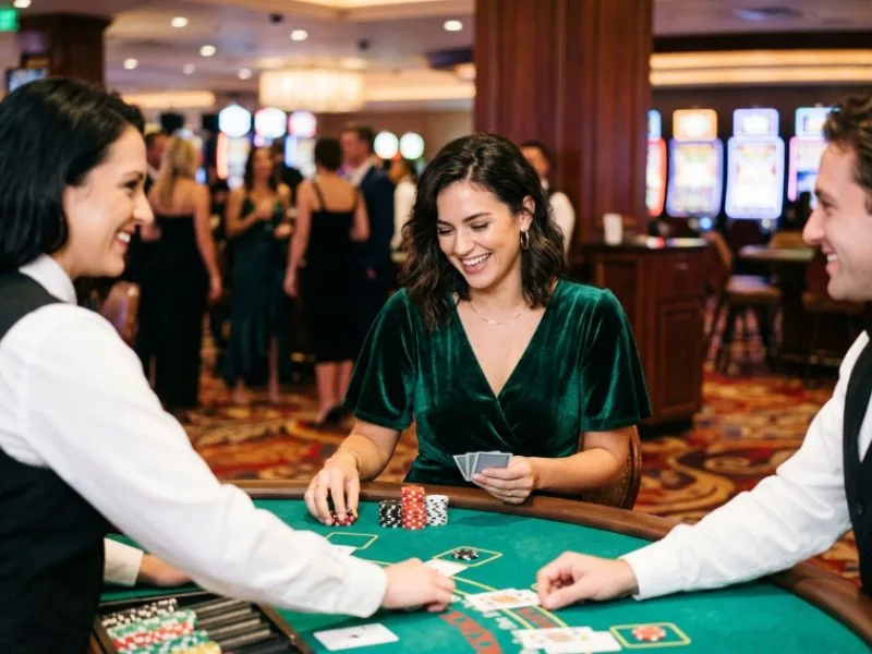 Woman enjoying a luxury casino resort with pnxbet online casino