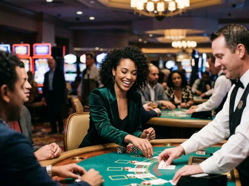 Woman smiling while playing poker at pnxbet online casino