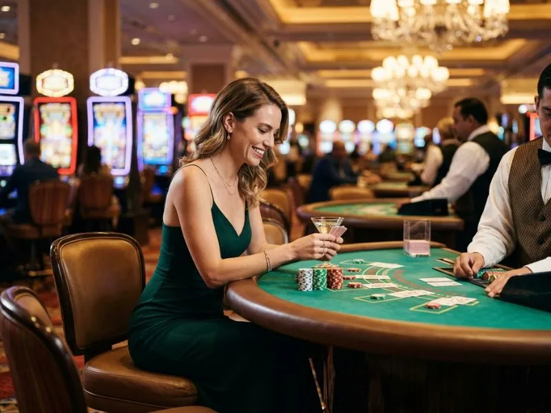 Woman holding playing cards while waiting for her turn at BL777 online casino.