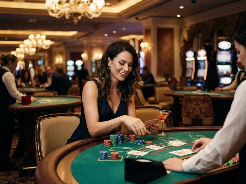 Woman sitting at a casino table surrounded by chips at BL777 online casino.