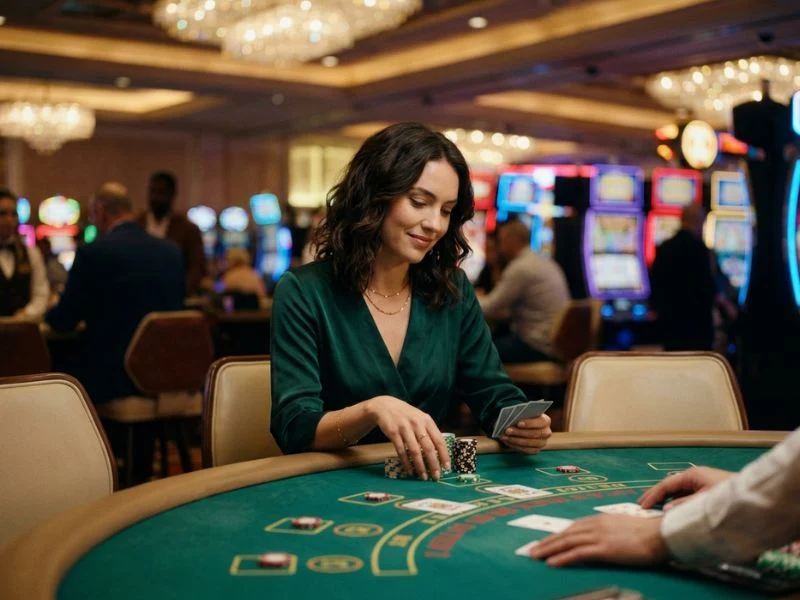 Woman holding casino chips while betting at Lodi 777 online casino login.