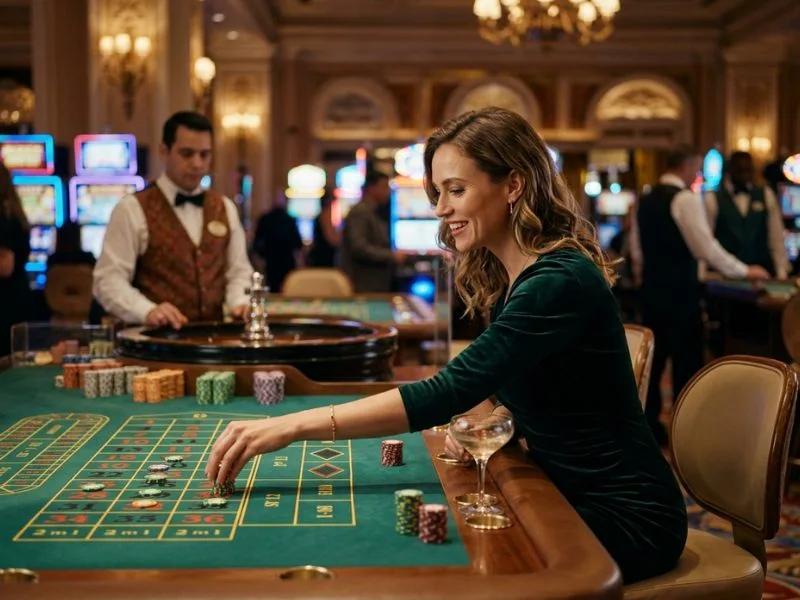 Woman sitting among bright lights and casino tables at Lodi 777 online casino login.