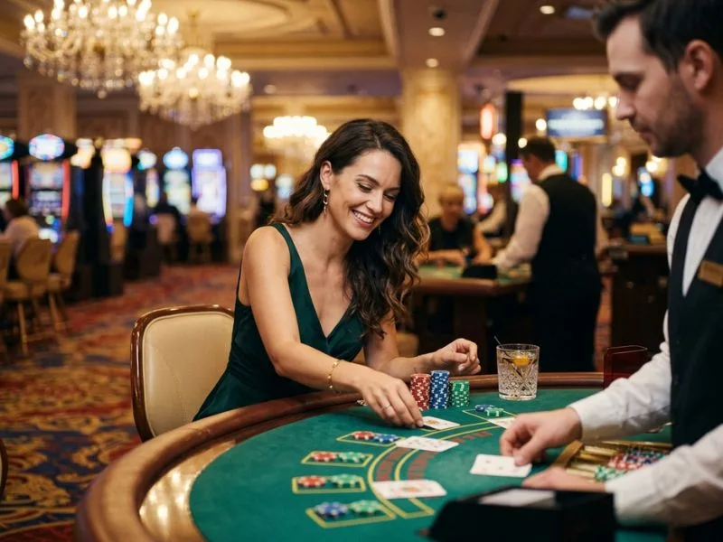 Woman watching the cards during a casino game at Lodi 777 online casino login.