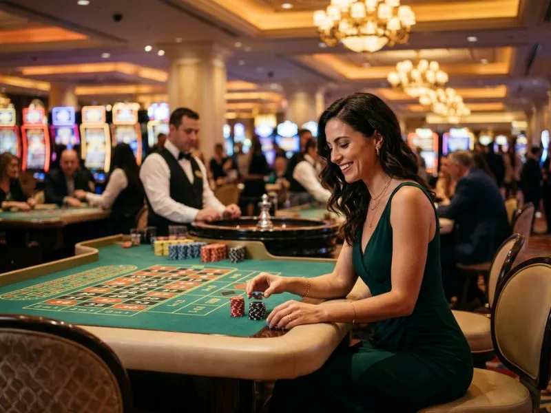 Woman enjoying the lively casino atmosphere at Mega Panalo online casino.