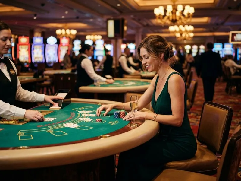 Woman playing a card game at a casino table at Mega Panalo online casino.