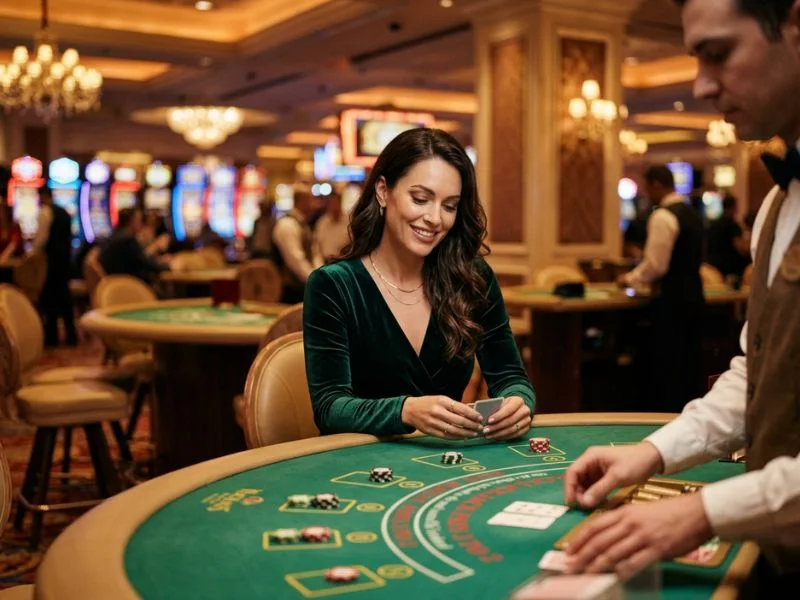 Woman sitting at a gaming table with casino chips at Mega Panalo online casino.