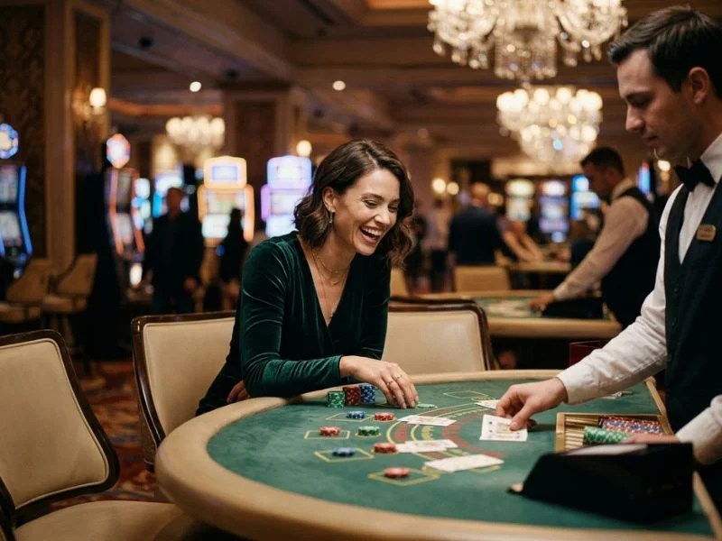 Woman smiling while placing bets at Mega Panalo online casino.