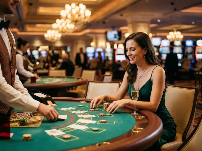 Woman playing poker in an elegant casino at Milyon 888 online casino.