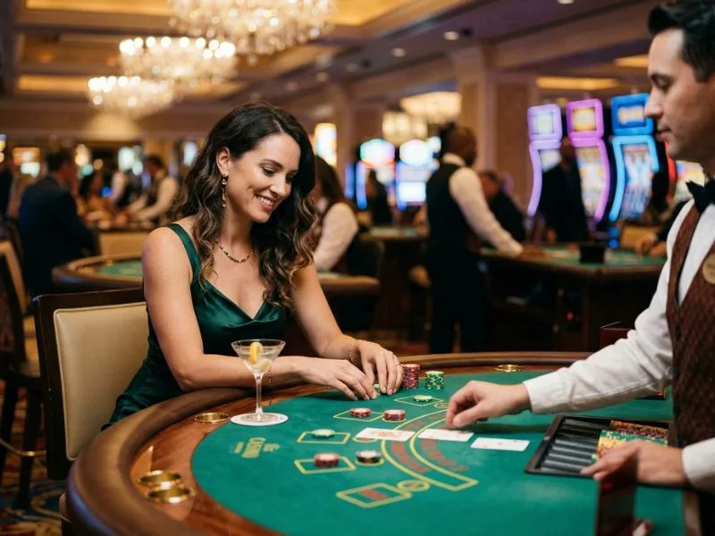 Woman reaching for casino chips at Milyon 888 online casino.