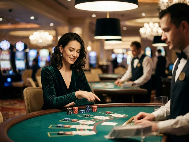 Woman sitting at a casino table ready for her next bet at Milyon 888 online casino.