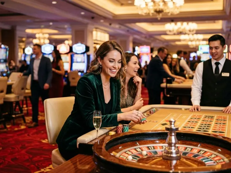 Woman enjoying casino games under dazzling lights at Pacquiao online casino.