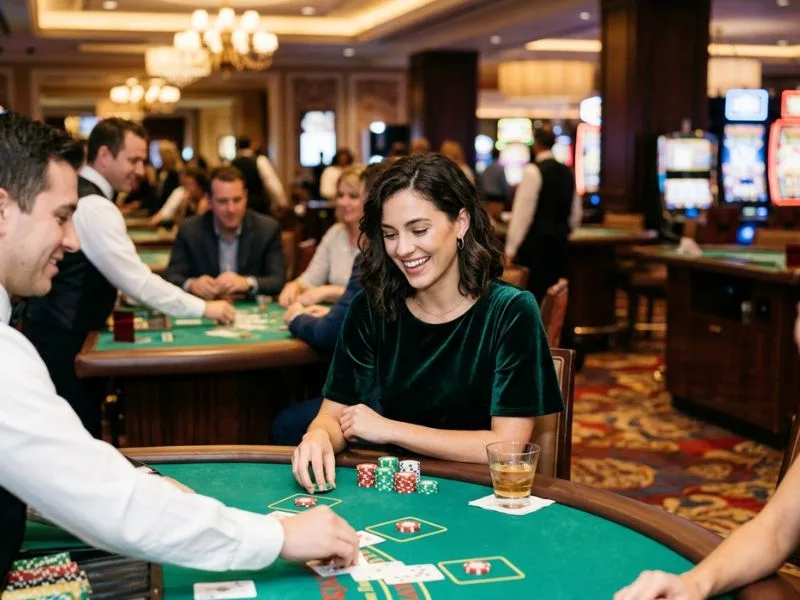 Woman placing bets at a casino table for Pacquiao online casino.