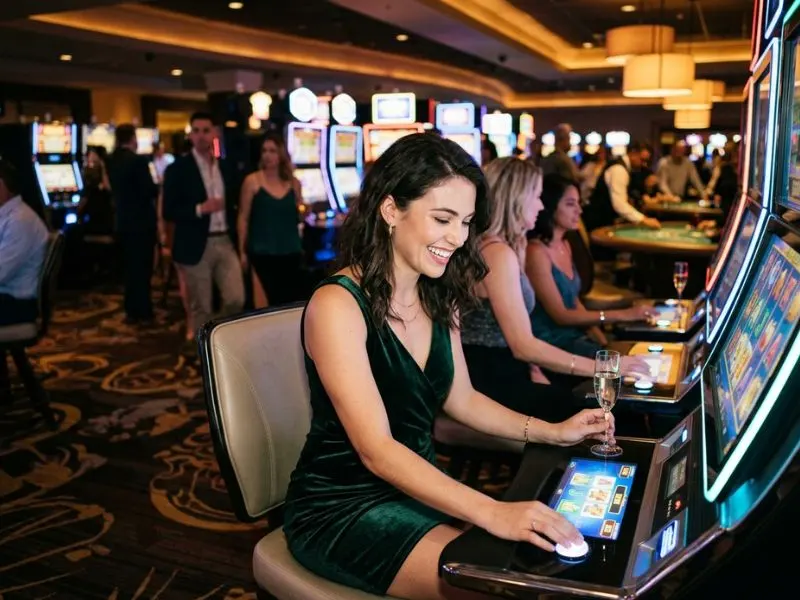 Woman playing slot machines at Pacquiao online casino.