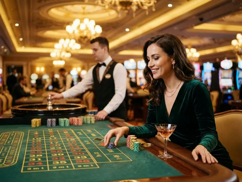 Woman sitting at a casino table at PH Macau online casino, ready to play.