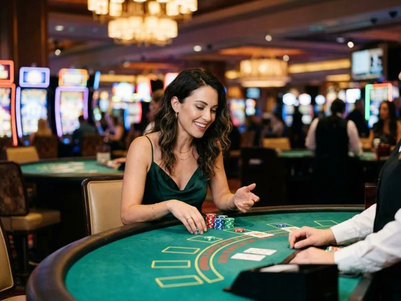 Woman celebrating a win at the casino table at Philucky online casino.
