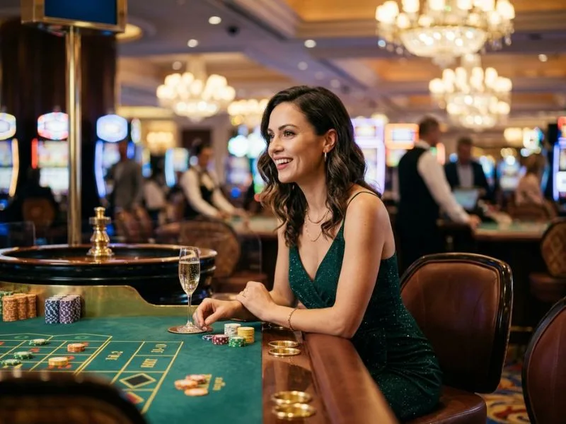 Woman enjoying an exciting casino night at Philucky online casino.