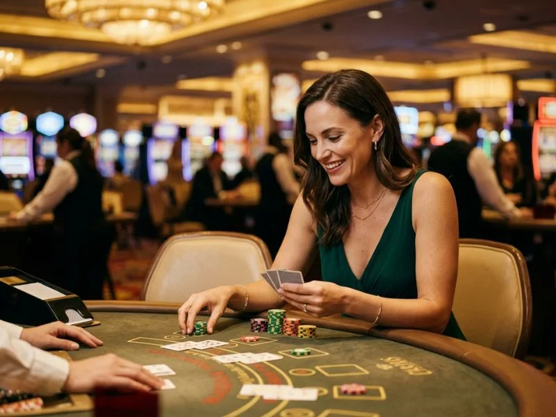 Woman holding playing cards at the gaming table at Philucky online casino.