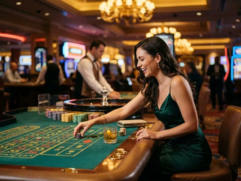 Woman placing a bet on the roulette table at Philucky online casino.