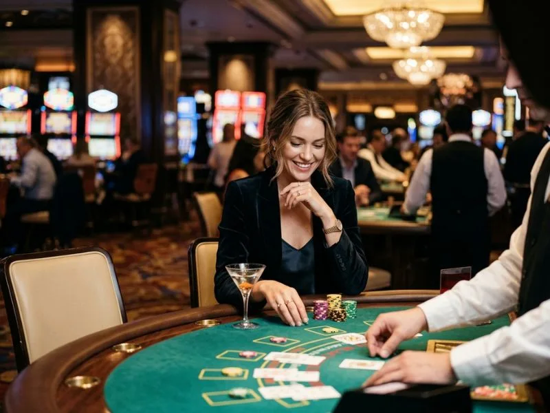 Woman enjoying casino glamour at Pinasbet online casino login.
