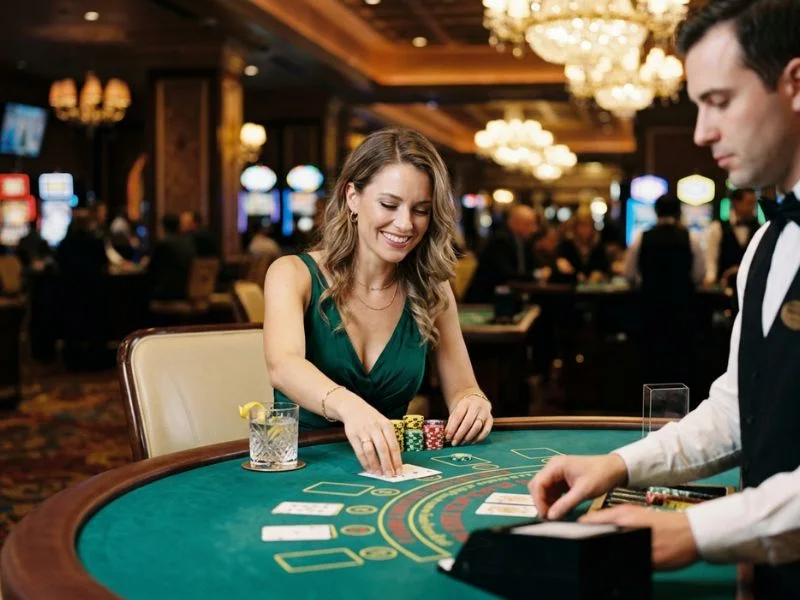 Woman placing casino chips on a table at Pinasbet online casino login.