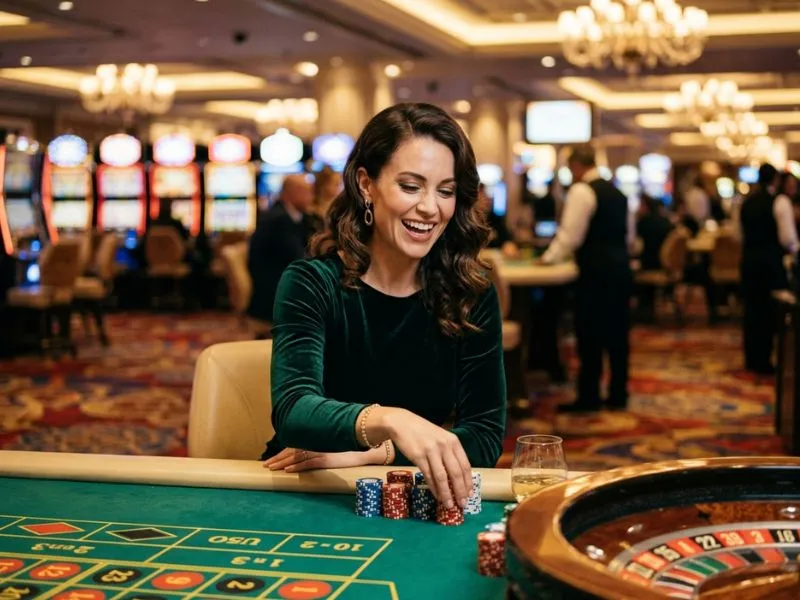 Woman smiling while playing a casino game at Pinasbet online casino login.