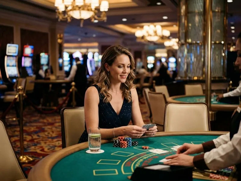 Woman playing blackjack with a dealer at TH777 online casino link.