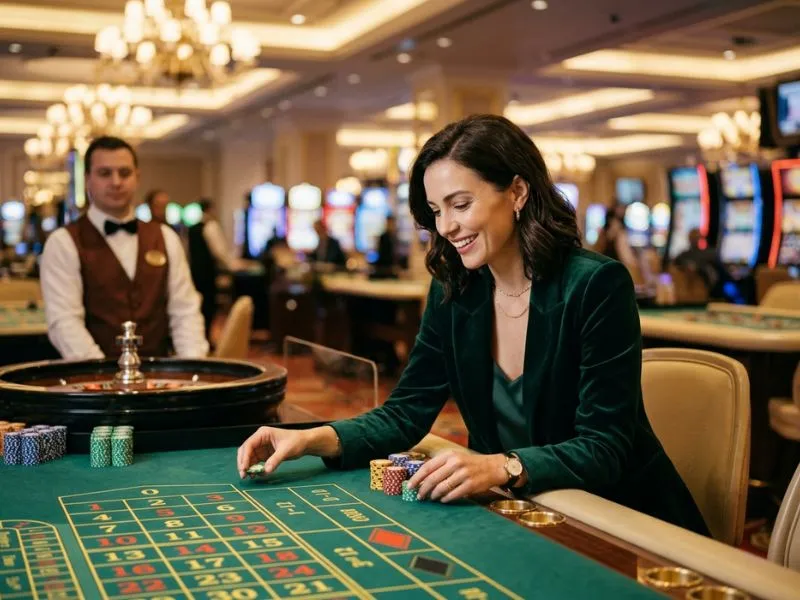 Woman holding casino chips at TH777 online casino link.