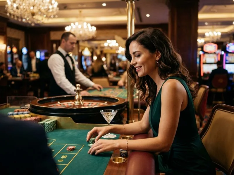 Woman placing casino chips on a green felt table at TH777 online casino link.