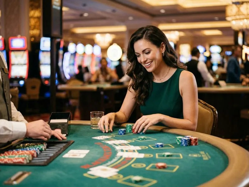 Woman enjoying a relaxing casino night at TMTPlay best online casino.