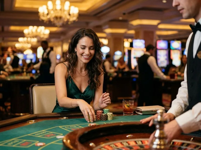 Woman enjoying bright casino lights at TMTPlay best online casino.